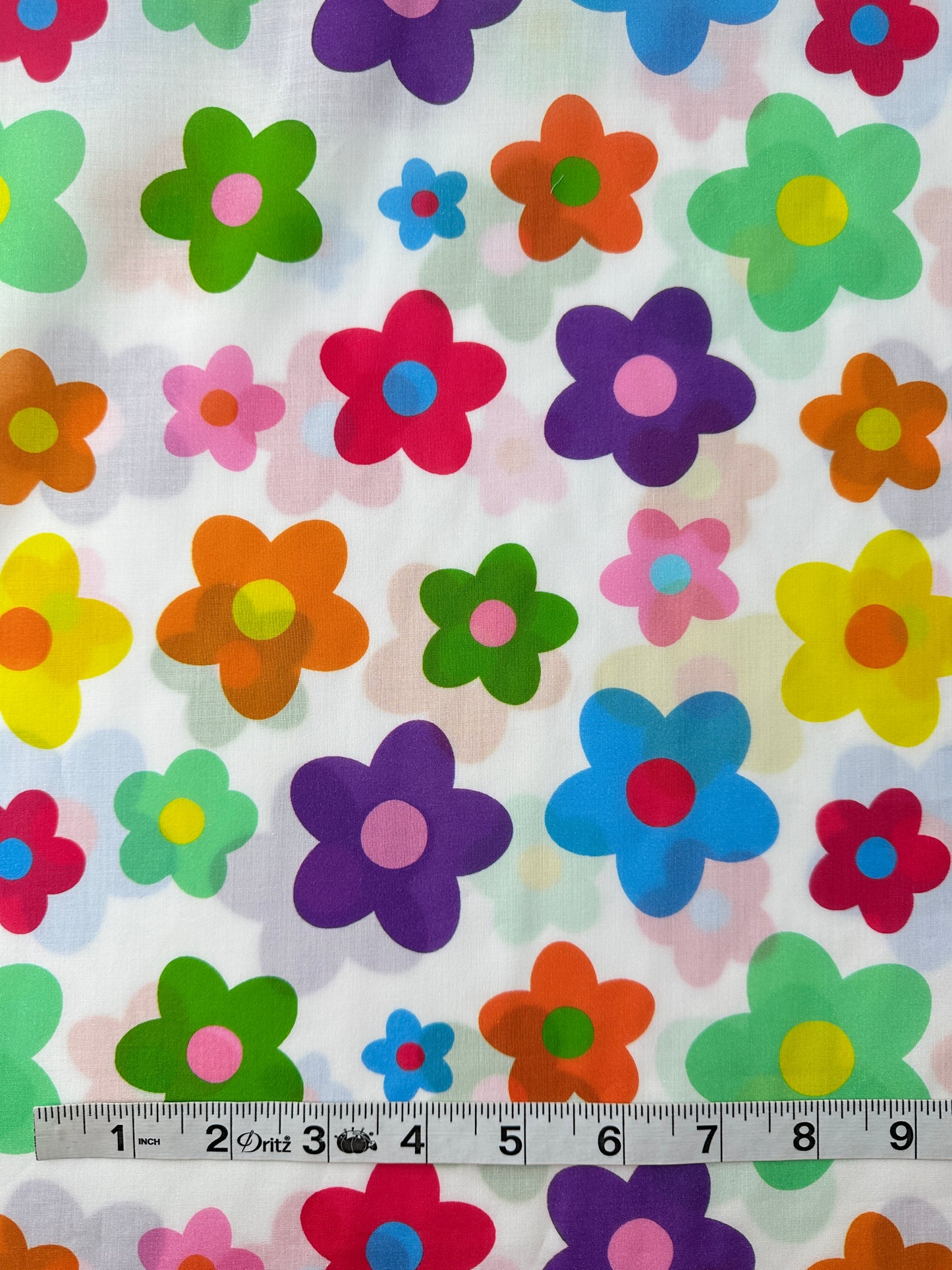 Italian Cotton Lawn, Groovy Flower Print, White Ground, 1.95 oz