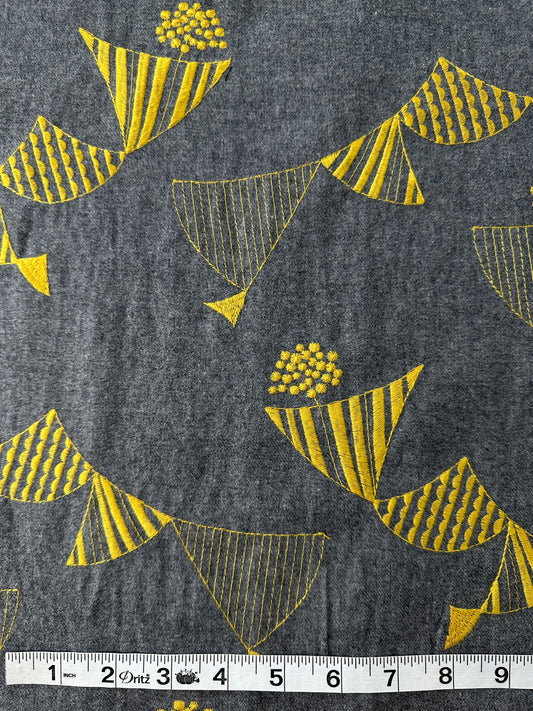 Japanese Cotton Flannel, Embroidered, Heather Grey/Gold, 4.6 oz