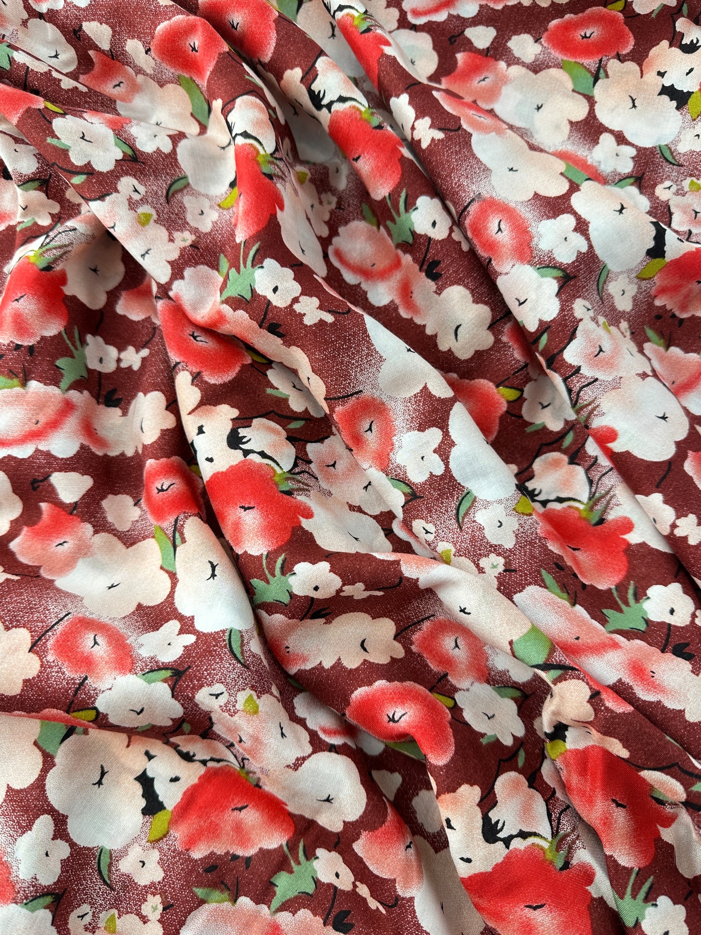 Rayon Challis, Watercolor Blooms, Burgundy