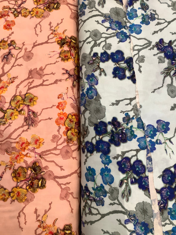 Rayon Lawn, Cherry Blossom Print – Light Blue