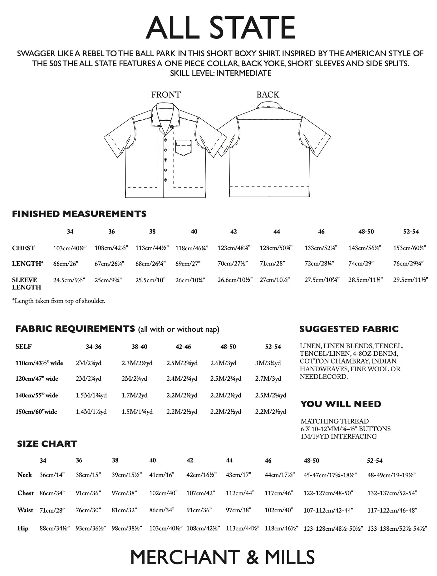 Merchant & Mills All State Shirt, UK Size 34-54