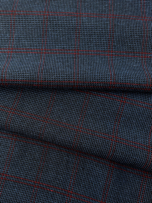 Italian Wool Blend Suiting, Windowpane Check, Blue