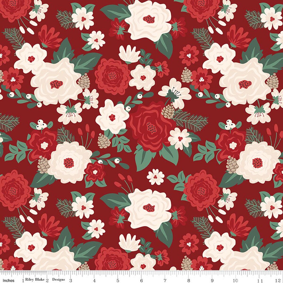 Riley Blake Cotton Sheeting, Evergreen Wishes Main - Red