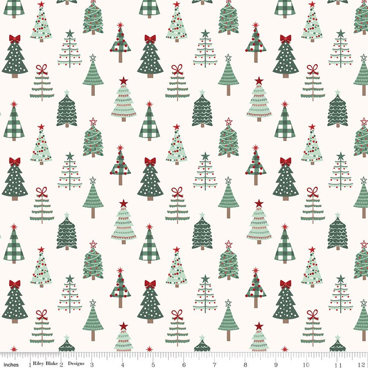 Riley Blake Cotton Sheeting, Evergreen Wishes Trees - Cream