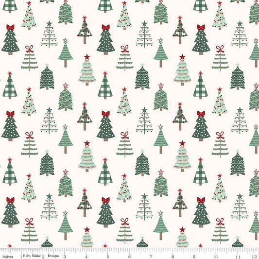 Riley Blake Cotton Sheeting, Evergreen Wishes Trees - Cream
