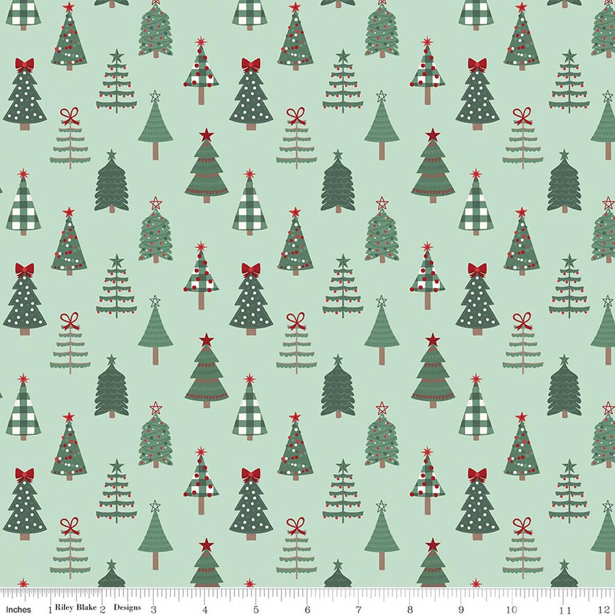 Riley Blake Cotton Sheeting, Evergreen Wishes Trees - Mint