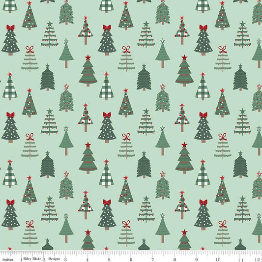 Riley Blake Cotton Sheeting, Evergreen Wishes Trees - Mint