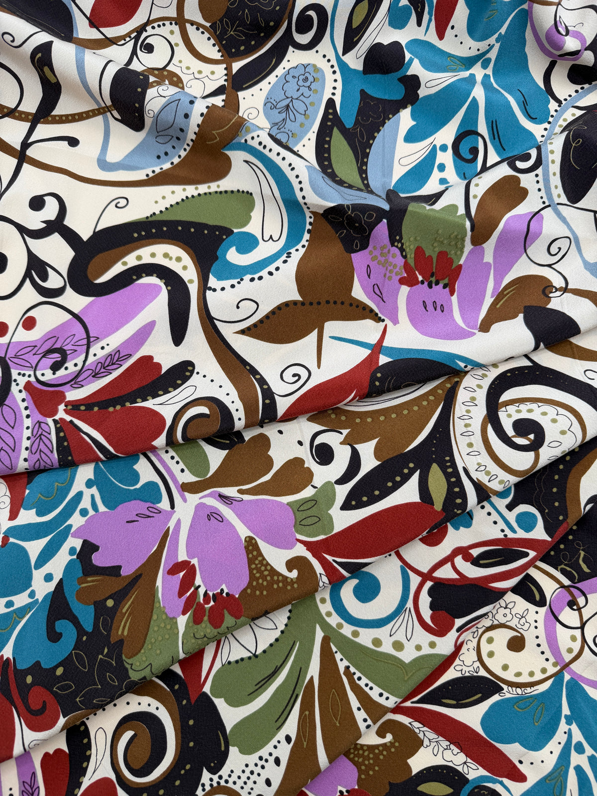 Silk Crepe de Chine, Retro Fleur de Lis, Beige/Mauve/Cornflower
