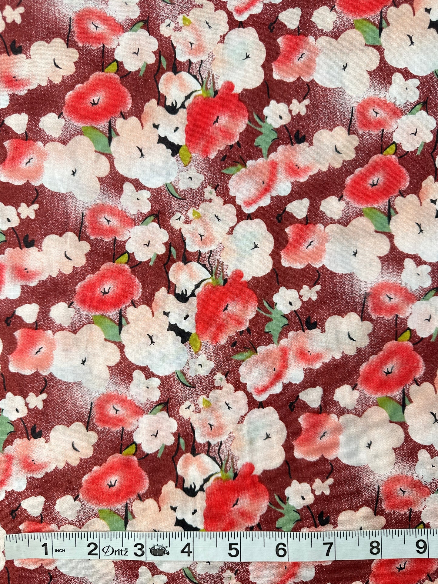 Rayon Challis, Watercolor Blooms, Burgundy