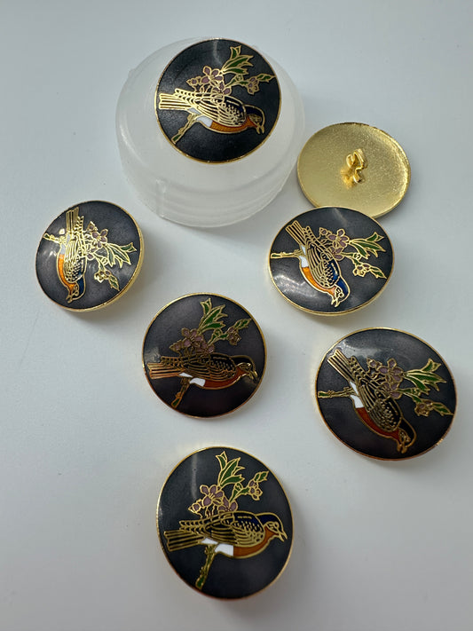 Cloisonne Button, Round, Robin, 22mm