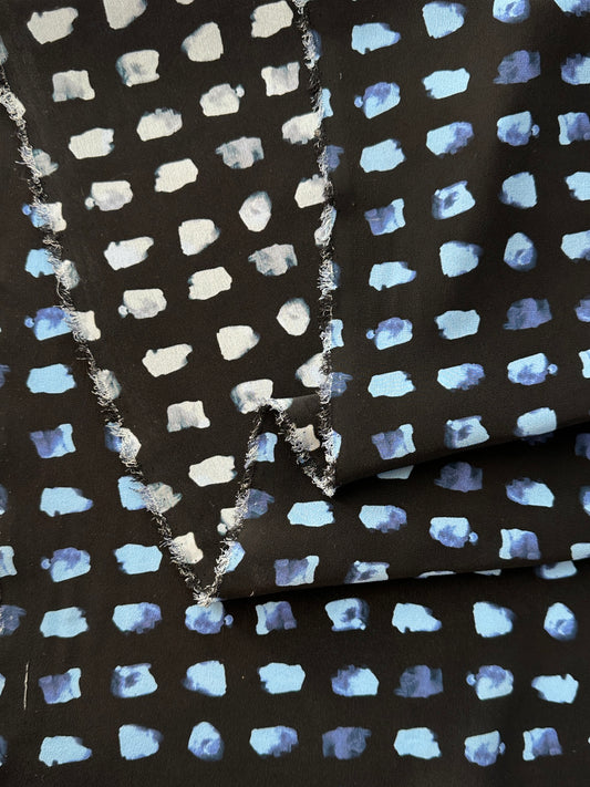 Designer Deadstock, Silk Crepe De Chine, Blue Abstract Grid Print