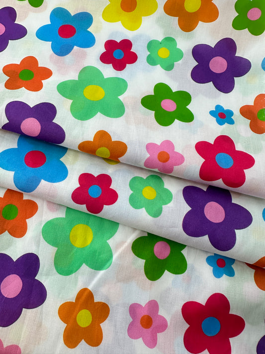 Italian Cotton Lawn, Groovy Flower Print, White Ground