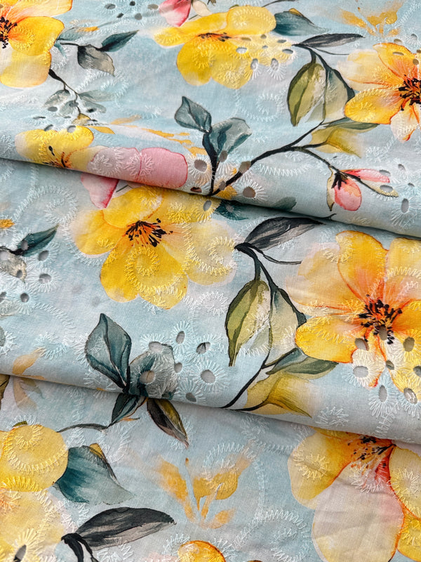 Cotton Lawn Eyelet Digital Print, Blue Ground Hibiscus