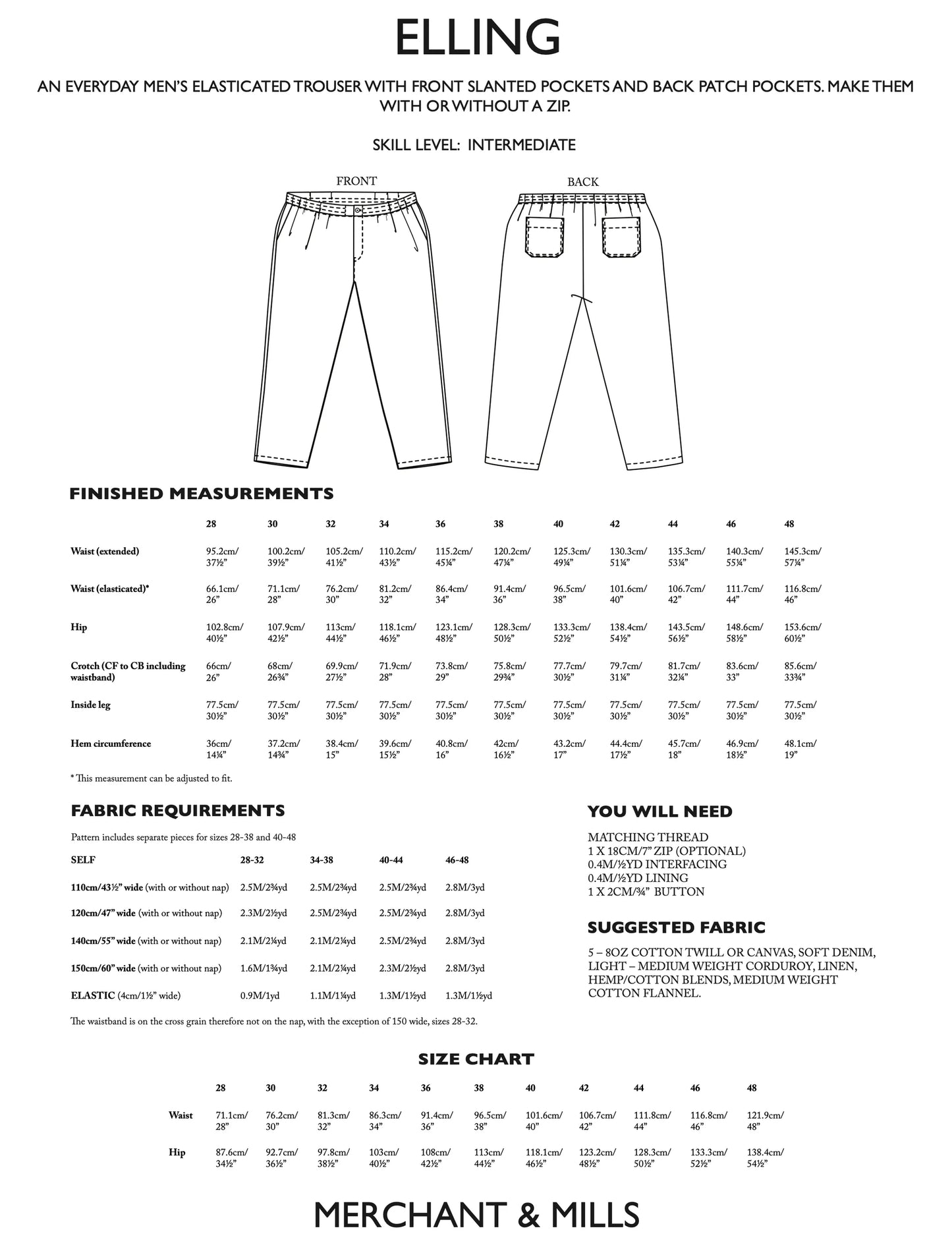 Merchant & Mills Elling Trousers, UK Size 28-48