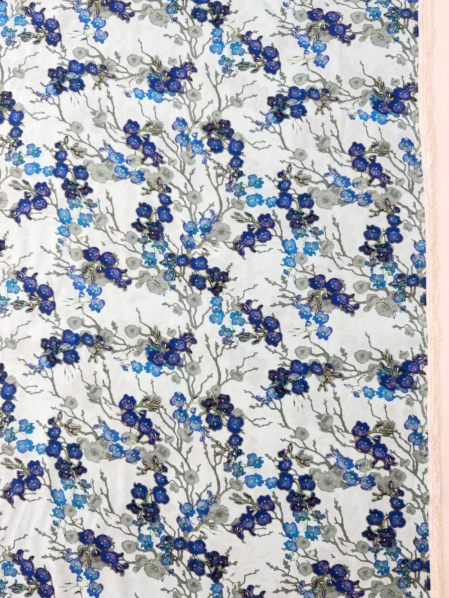 Rayon Lawn, Cherry Blossom Print – Light Blue