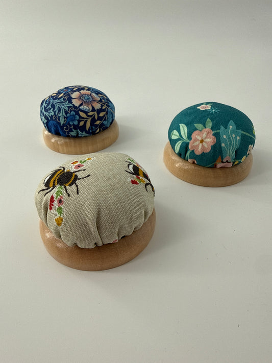 Pin cushion with wooden base, 2.25" diameter