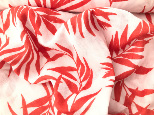 Cotton Double Gauze Tropical Leaf Print – White/Orange