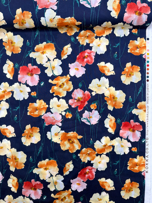 Kokka Cotton Lawn, Bold Poppies - Navy