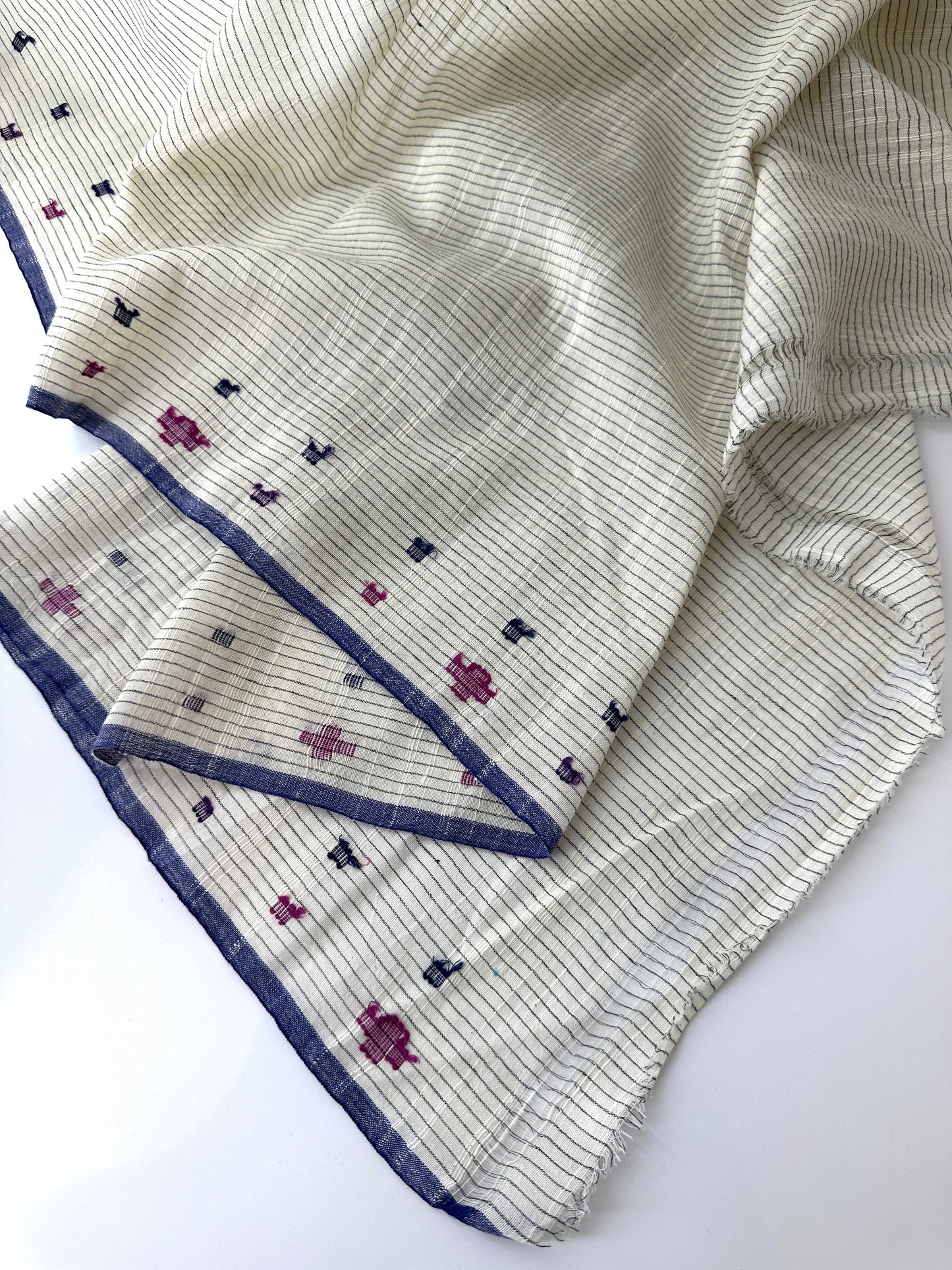 Handloom Khadi Cotton, Natural with Black Stripes and Jamdani Details