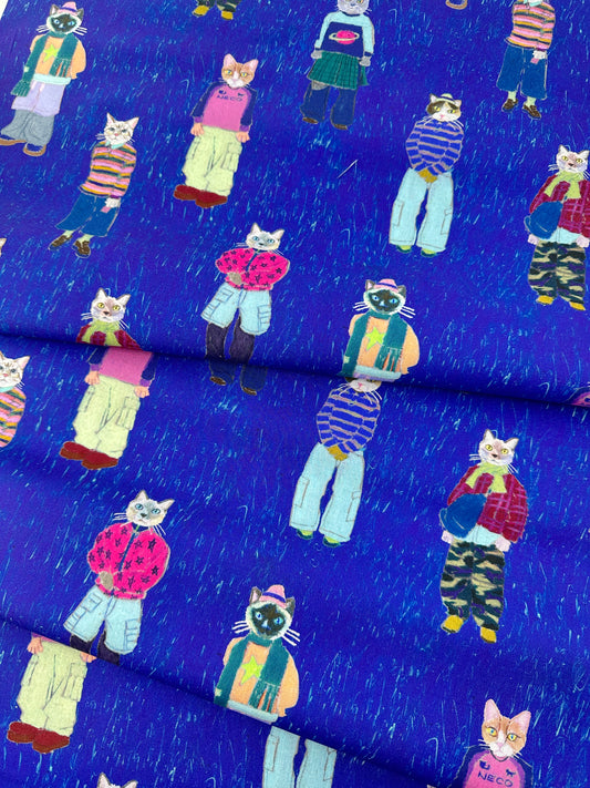 Japanese Cotton, Sheeting, Cats in Cargos – Violet