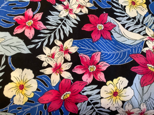 Cotton Stretch Sheeting, Tropical Print, Blues/Bright Pink