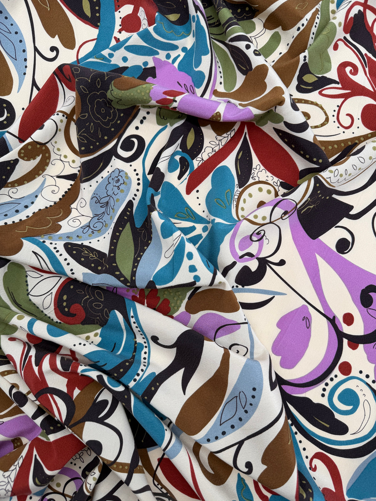 Silk Crepe de Chine, Retro Fleur de Lis, Beige/Mauve/Cornflower