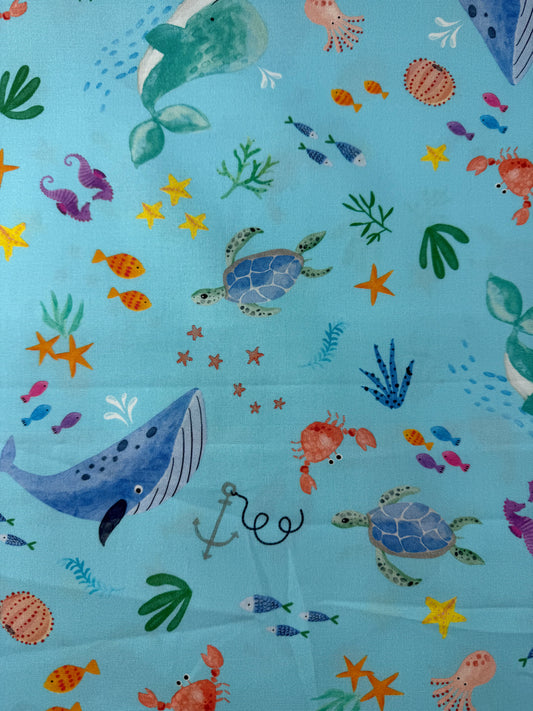 Cotton Sheeting, Ocean Life Turquoise