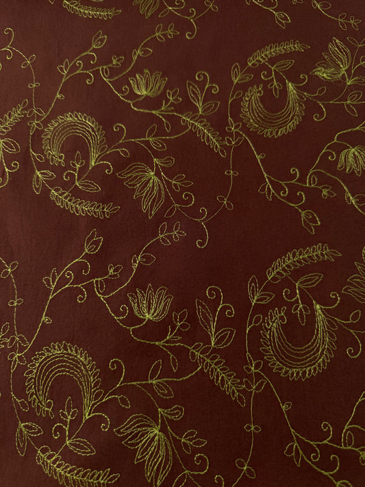 Designer Deadstock, Cotton Stretch Poplin, Floral Embroidery, Chocolate/Lime