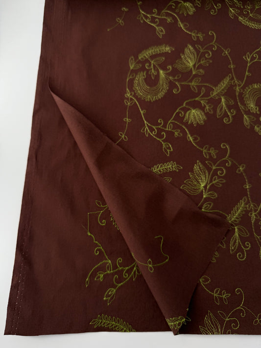 Designer Deadstock, Cotton Stretch Poplin, Floral Embroidery, Chocolate/Lime