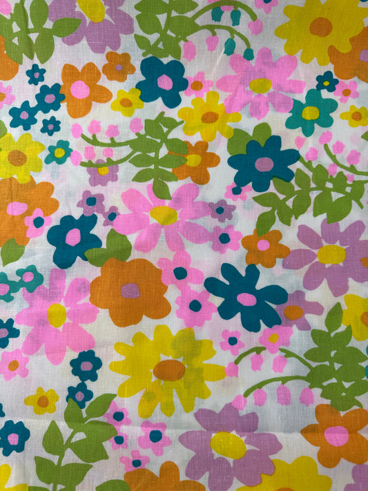 Linen, Floral Print, White/Pink/Blue/Yellow