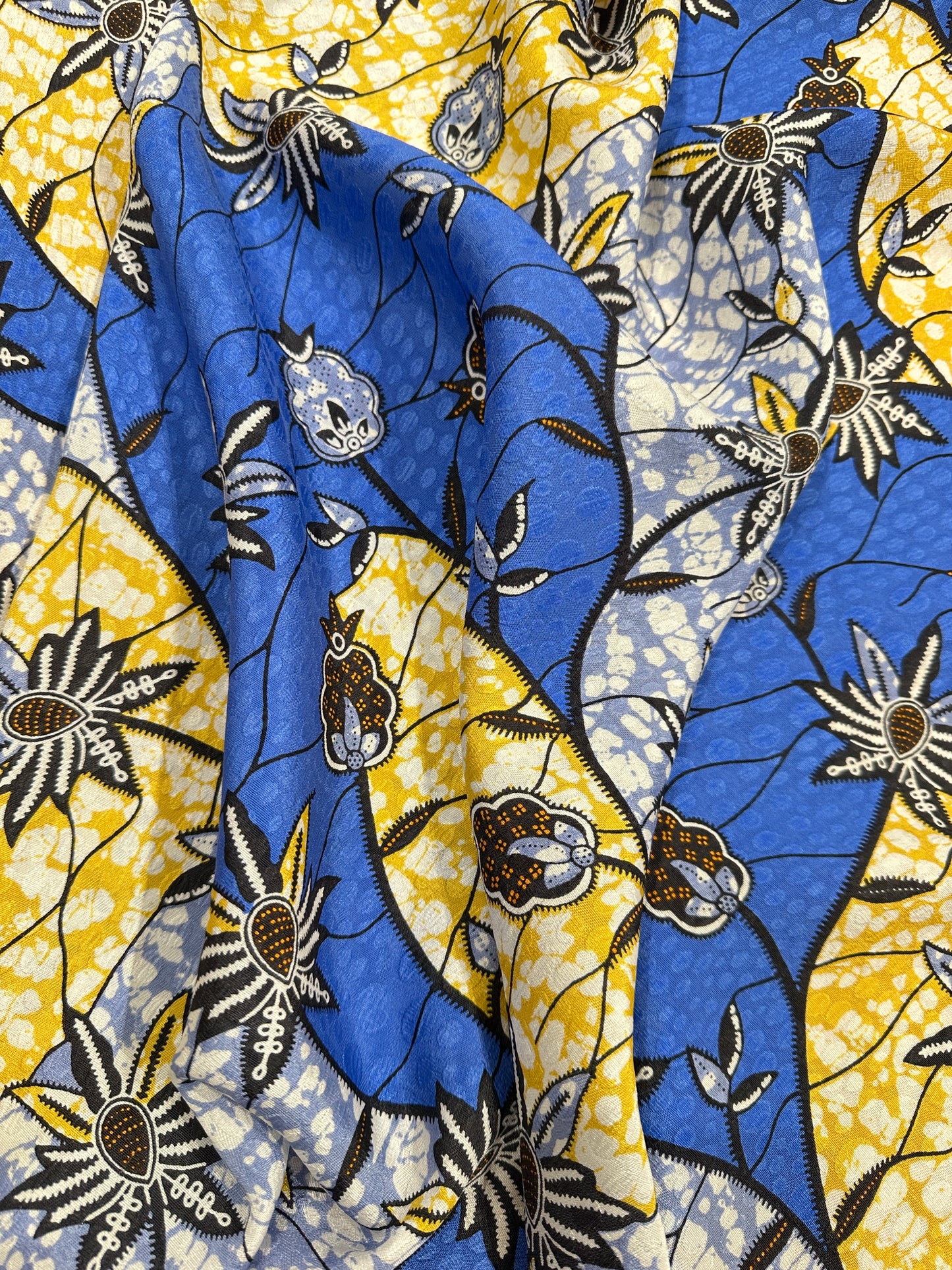 Designer Deadstock Silk Jacquard, Blue/Gold Print