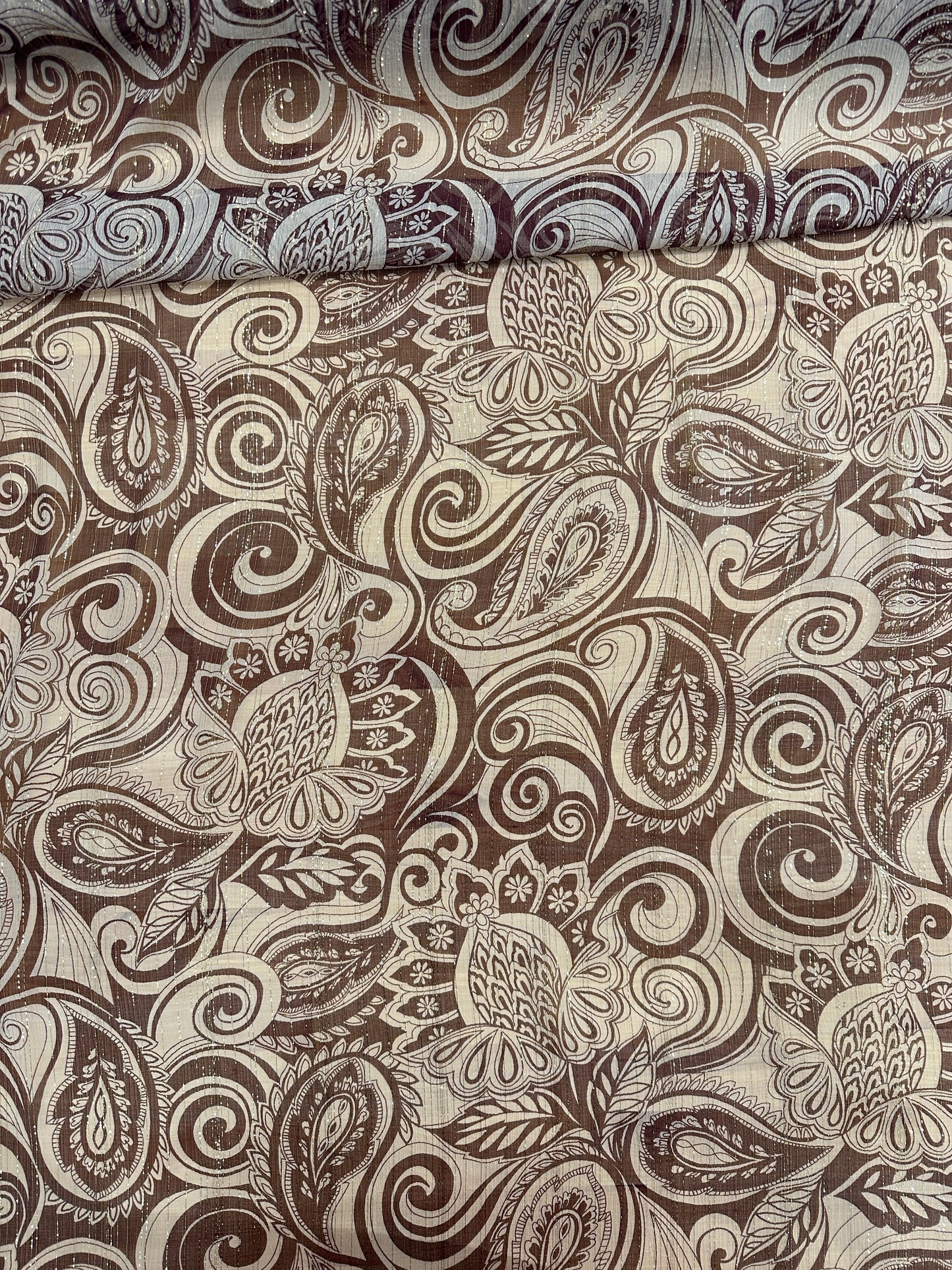 Designer Deadstock Silk Chiffon, Rust Paisley with Lurex