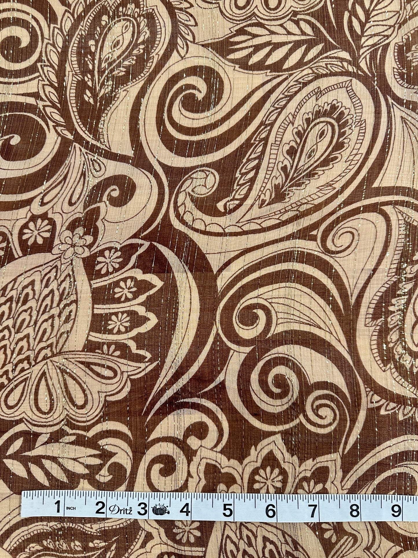 Designer Deadstock Silk Chiffon, Rust Paisley with Lurex