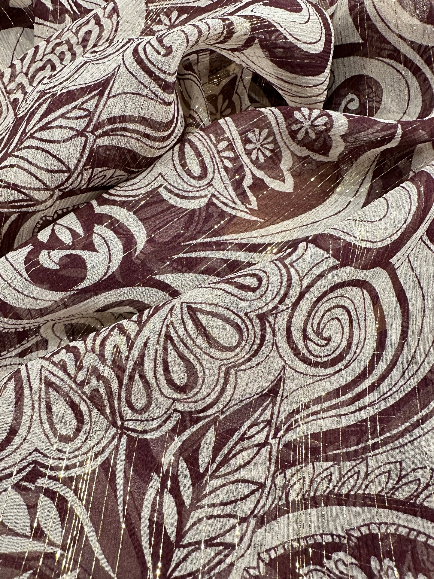 Designer Deadstock Silk Chiffon, Rust Paisley with Lurex
