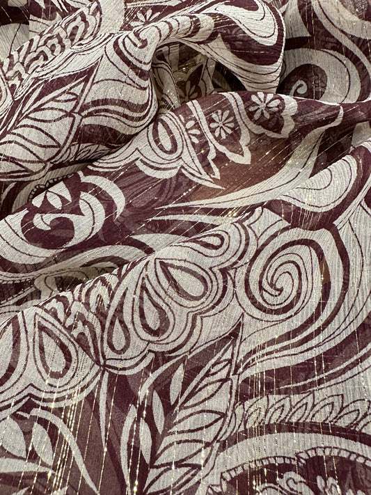Designer Deadstock Silk Chiffon, Rust Paisley with Lurex