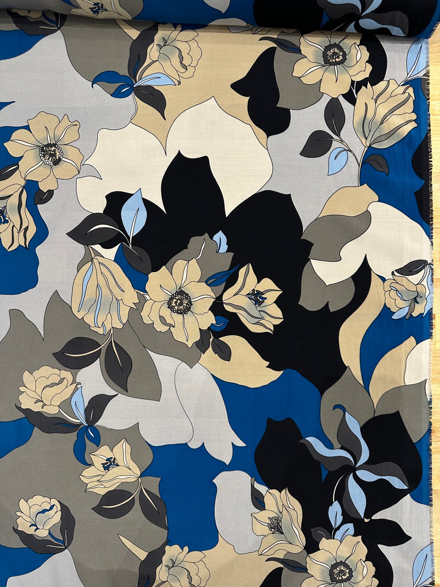 Designer Deadstock Silk Crepe De Chine, Blue Floral