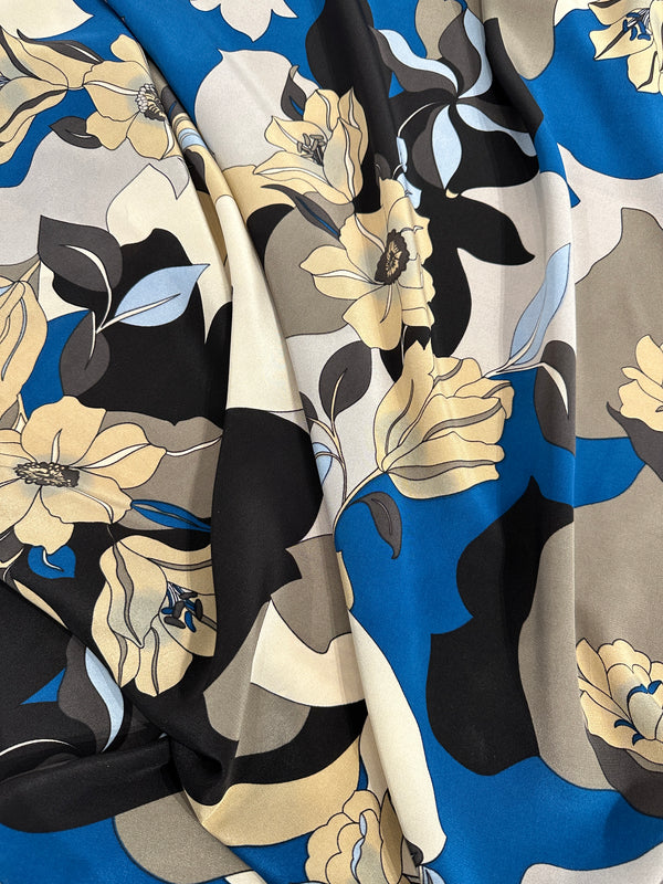 Designer Deadstock Silk Crepe De Chine, Blue Floral