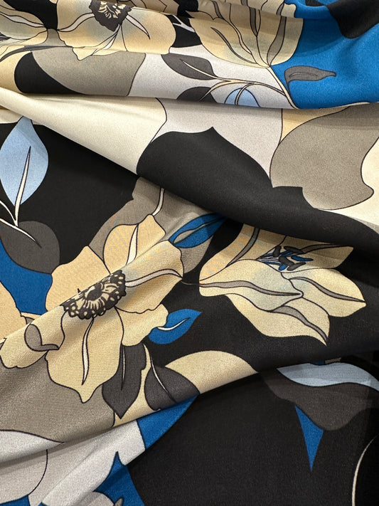 Designer Deadstock Silk Crepe De Chine, Blue Floral
