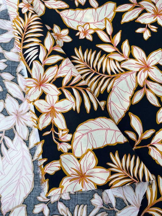 Cotton Stretch Poplin, Tropical Floral Print, Black/Creme/Gold