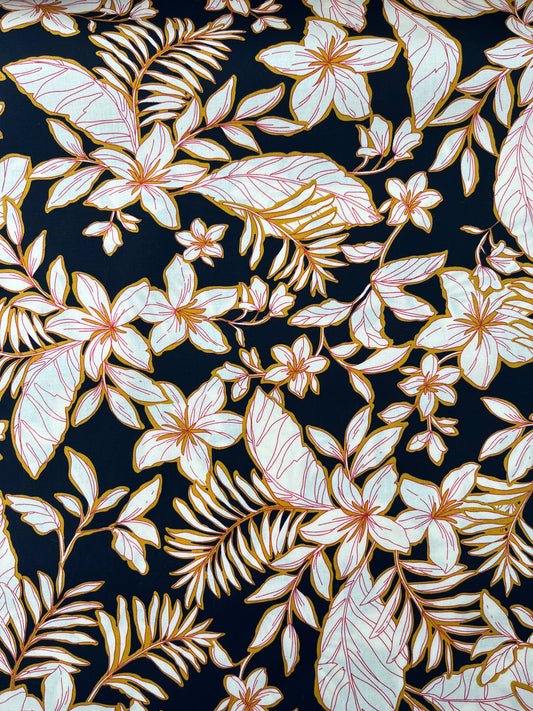 Cotton Stretch Poplin, Tropical Floral Print, Black/Creme/Gold