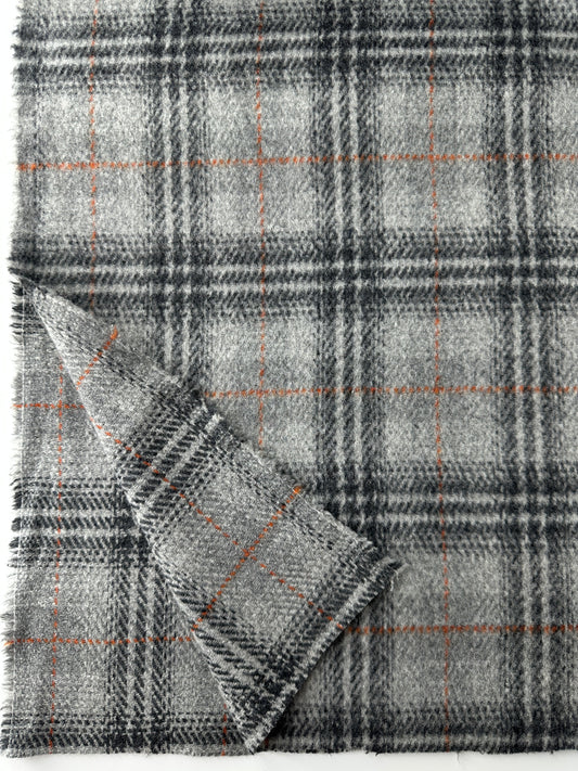 Designer Deadstock, Italian Wool, Plaid, Charcoal Check