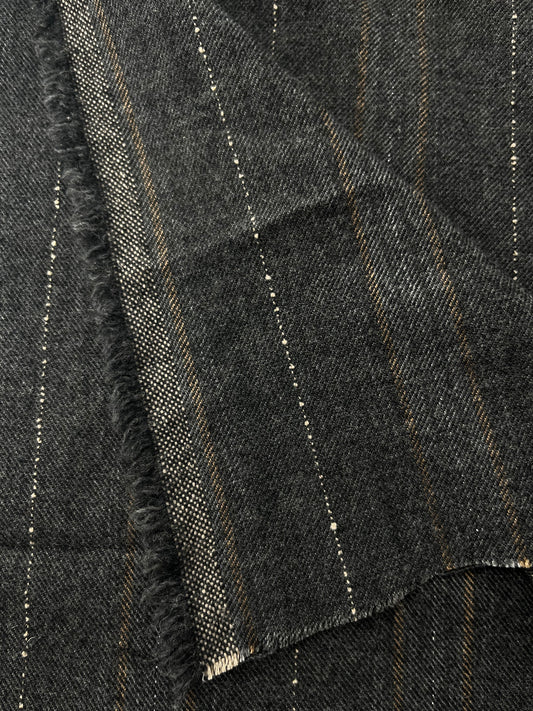 Wool, Yarn Dye, Charcoal with Tan/Natural/Gray/Lurex Stripes