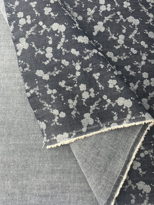 Denim, Cotton Stretch, Silver Floral Print, 6 oz