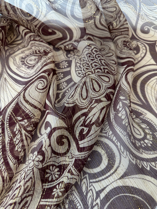 Designer Deadstock, Silk Chiffon, Print with Lurex, Rust