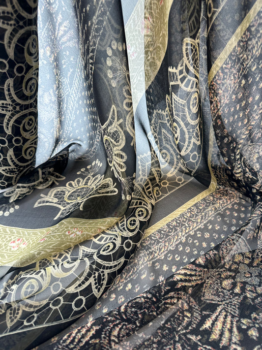 Designer Deadstock, Silk Chiffon, Black Print