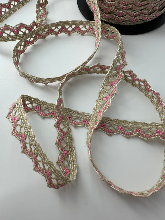 Ric Rac Trim, Cotton, Natural with Pink, 13mm/ 1/2"