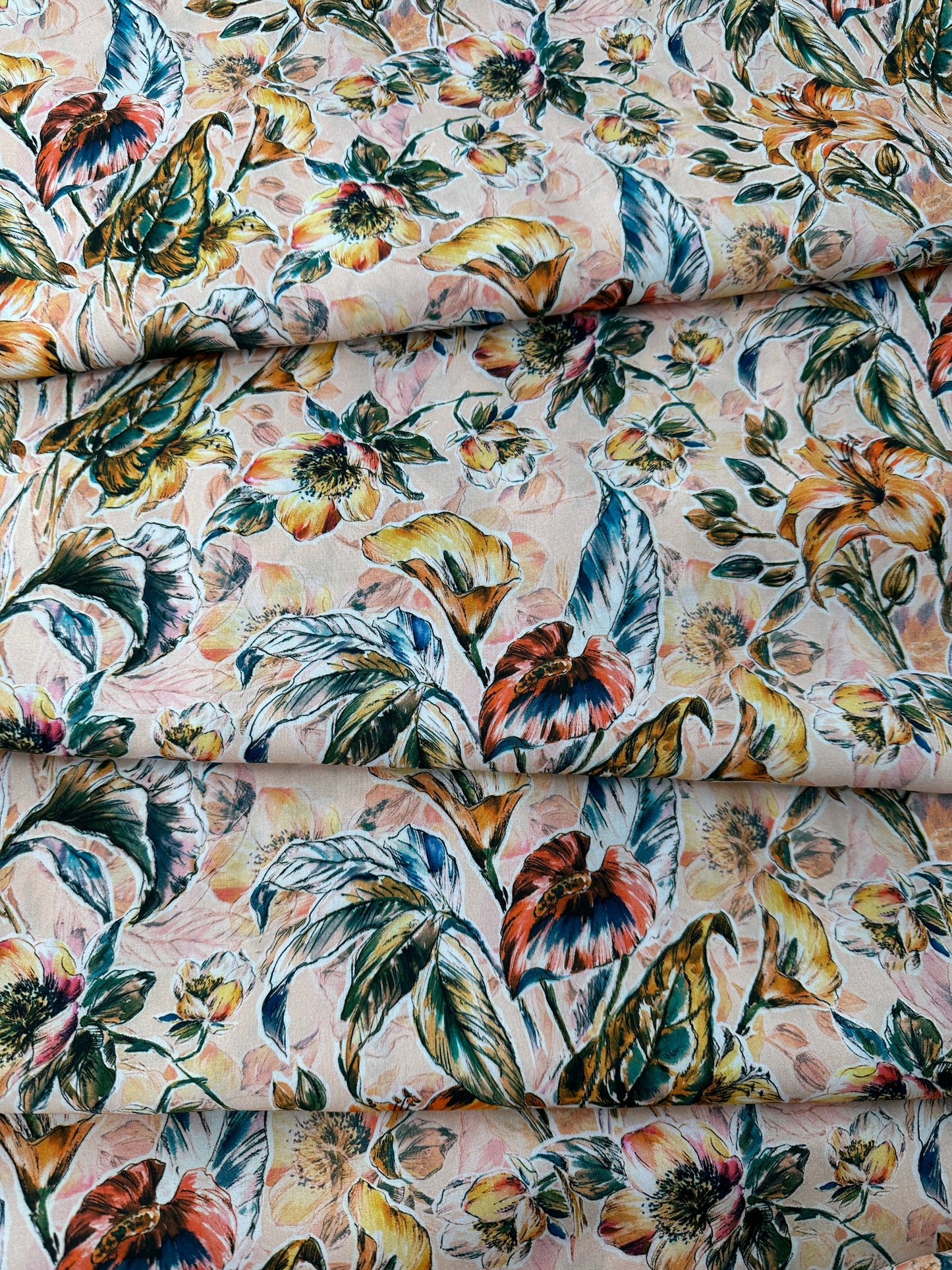 Italian Viscose Sheeting, Tropical Botanical, Peach