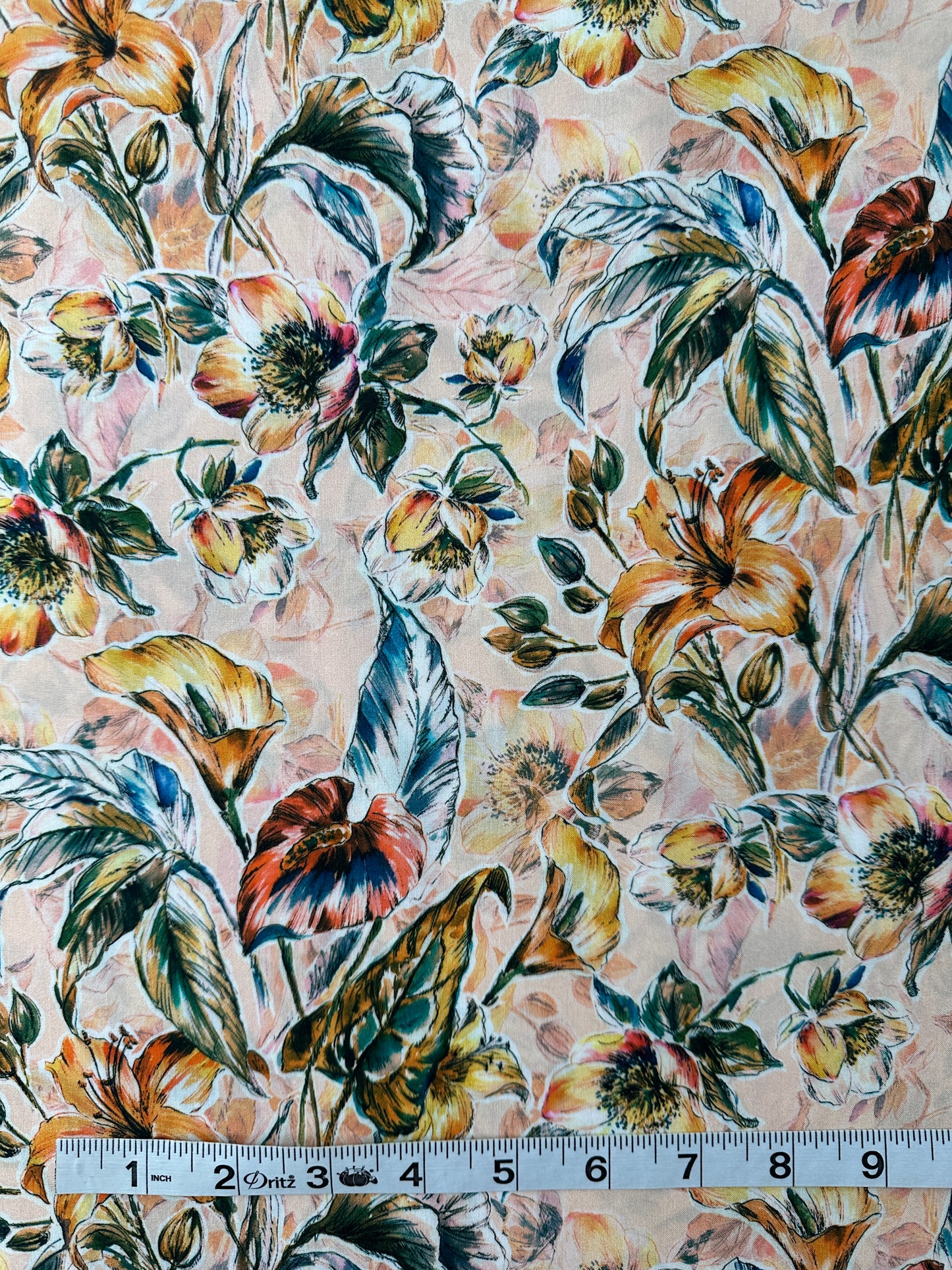 Italian Viscose Sheeting, Tropical Botanical, Peach