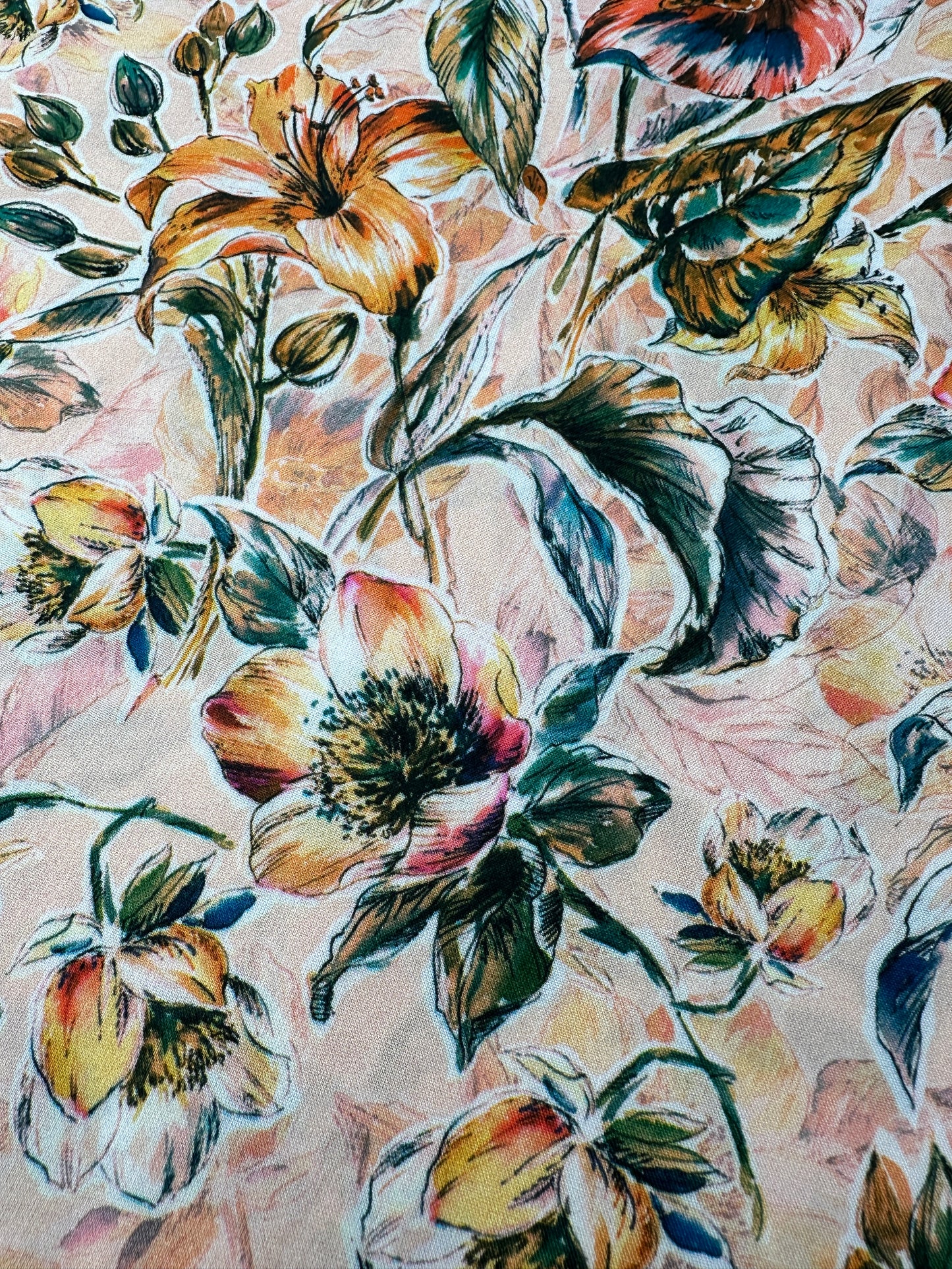 Italian Viscose Sheeting, Tropical Botanical, Peach