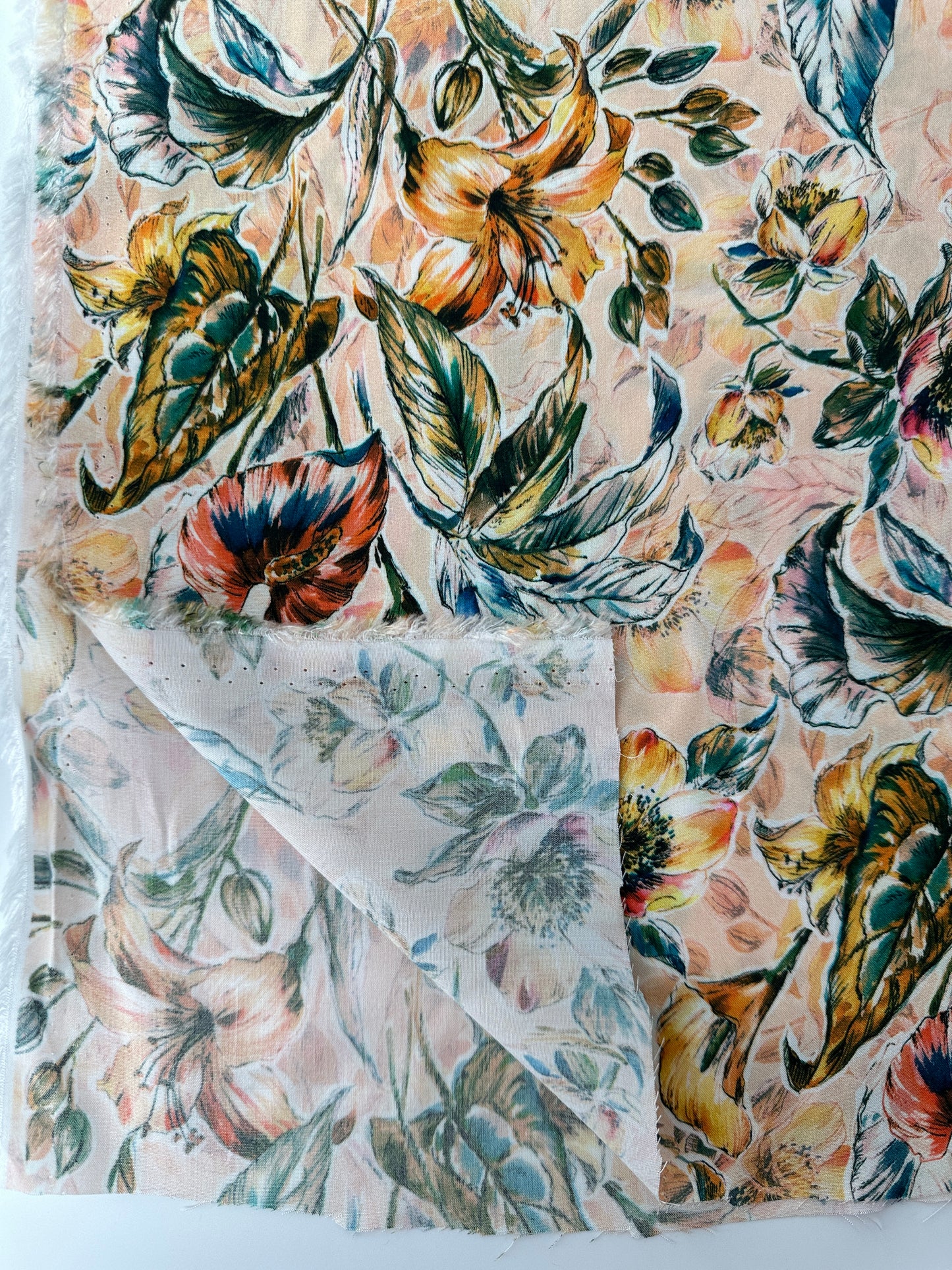 Italian Viscose Sheeting, Tropical Botanical, Peach